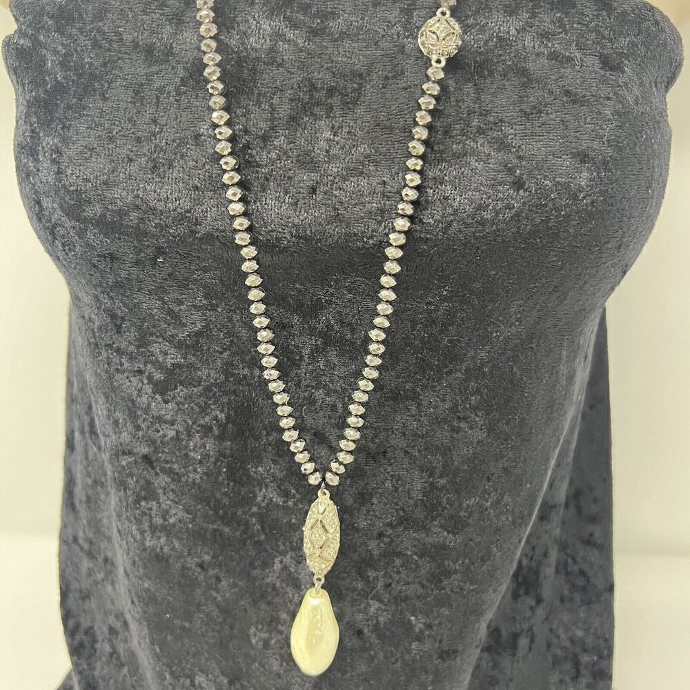 Chico's Necklace Long Line 32+" Adjustable Chain Slate Black Faceted Beads Pearl